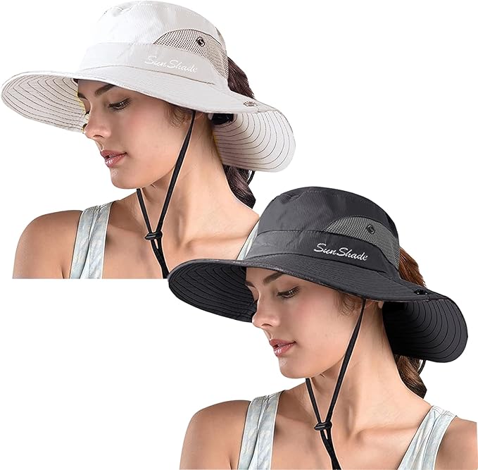 ZOORON Women's Ponytail Safari Sun Hat, Wide Brim UV Protection Outdoor Bucket