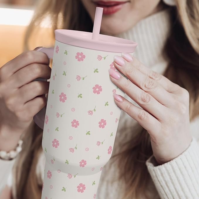 Floral 40oz Tumbler with Handle and Straw – Flowers Insulated Stainless Steel Travel Coffee Mug for Women Girls - Gift Idea for Birthday Christmas Mothers Day