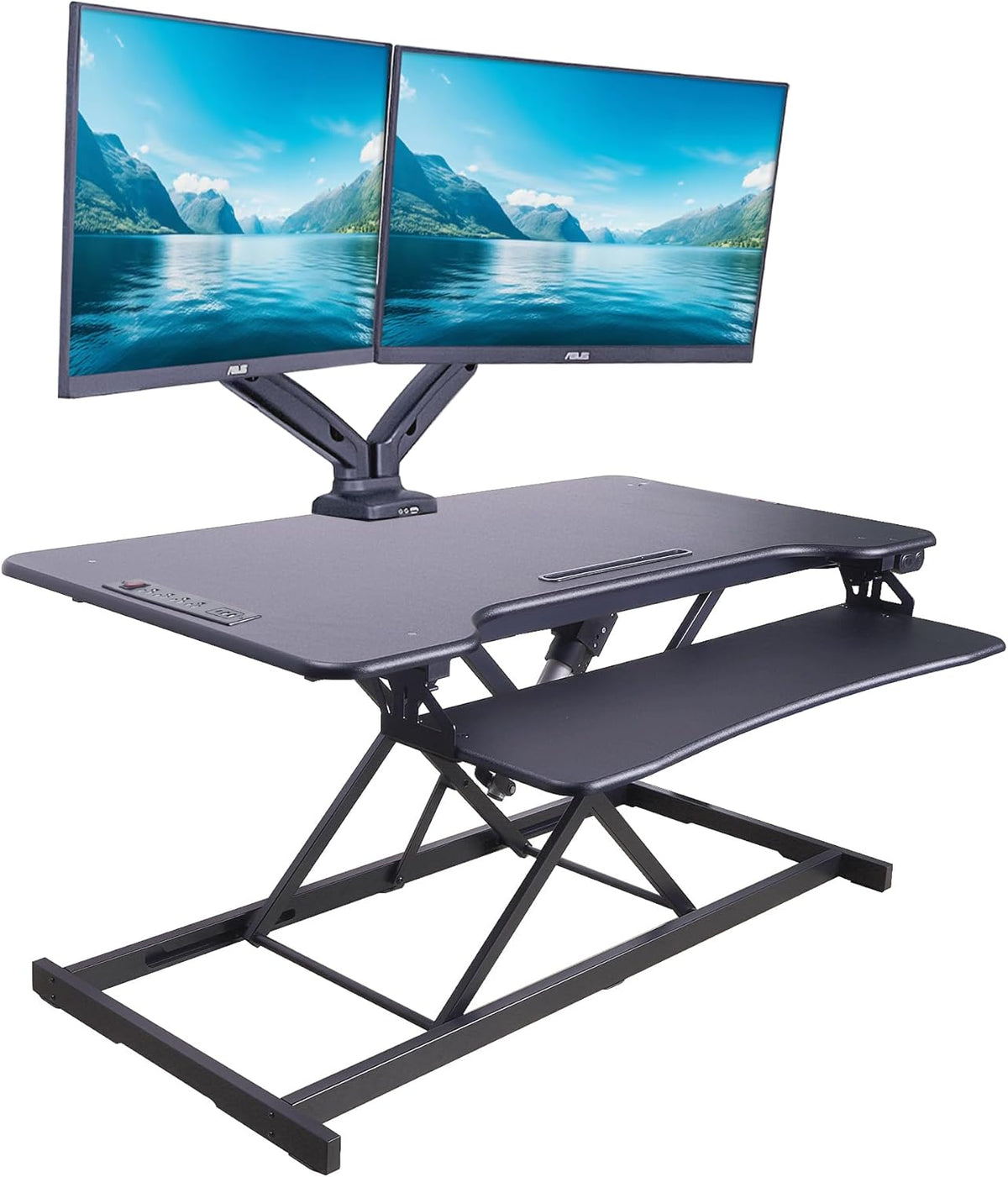 Rocelco 46" Electric Standing Desk Converter with AC Outlet USB Charger and Dual Monitor Arm Mount - Motorized Adjustable Sit Stand Riser - Tabletop Workstation Keyboard Tray - Black (R EDRB-46-MA2)