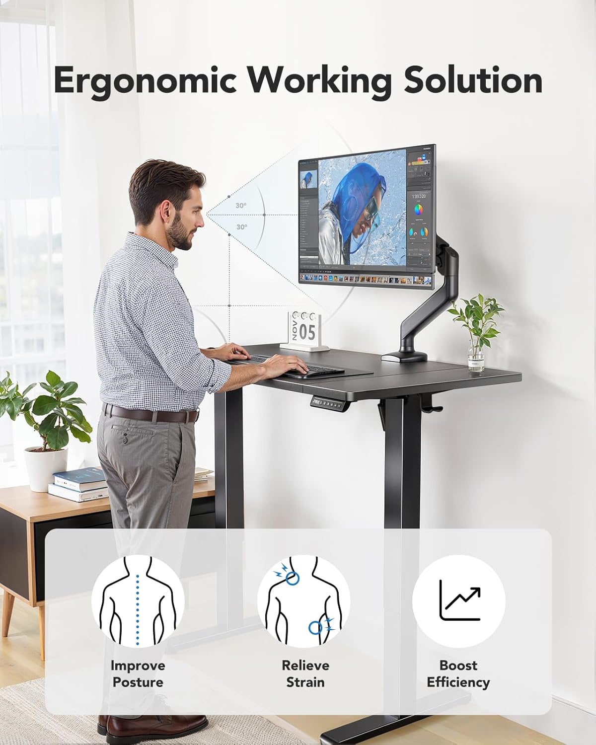 HUANUO 48 x 24 inch Electric Standing Desk, Height Adjustable Table with Headphone Hooks & Cable Manager, Sit to Stand up Desk for Home Office, Black