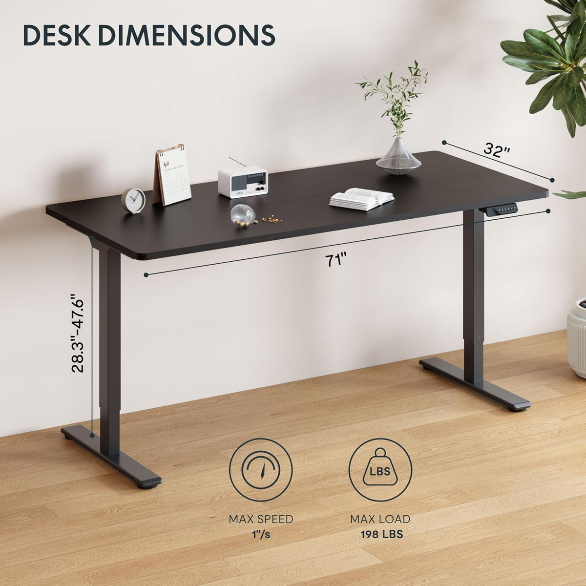 FLEXISPOT 71 x 32 Inch Dual Motor Standing Desk, Computer Desk with Memory Controller, Home Office Desk with Splice Board (Black Frame + 71" Black Desktop, 2 Packages)