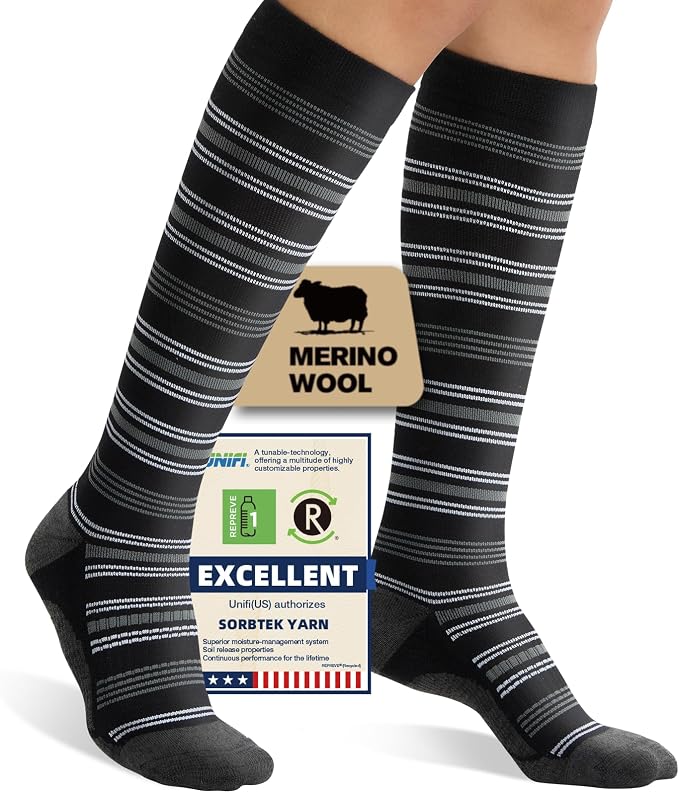 Merino Wool Compression Socks for Women Men, 15-20 mmHg Knee High Socks for