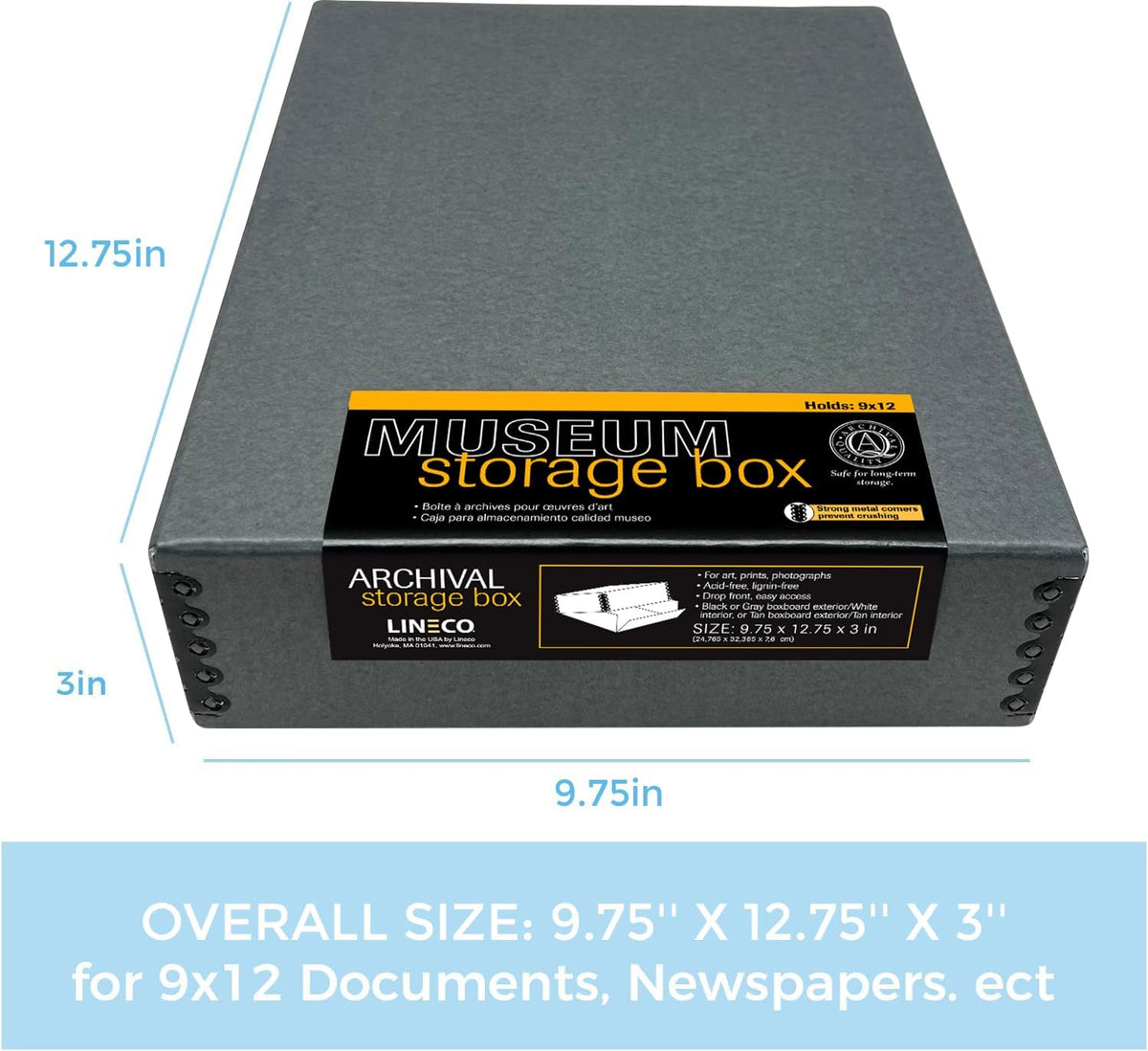 Lineco Museum Archival Storage Box, 9.75x12.75x3 in. Drop Front Design. Acid-Free with Metal Edge. Organize Photos, Pictures, Prints, Documents, Crafts, DIY. Gray, 1 Pack