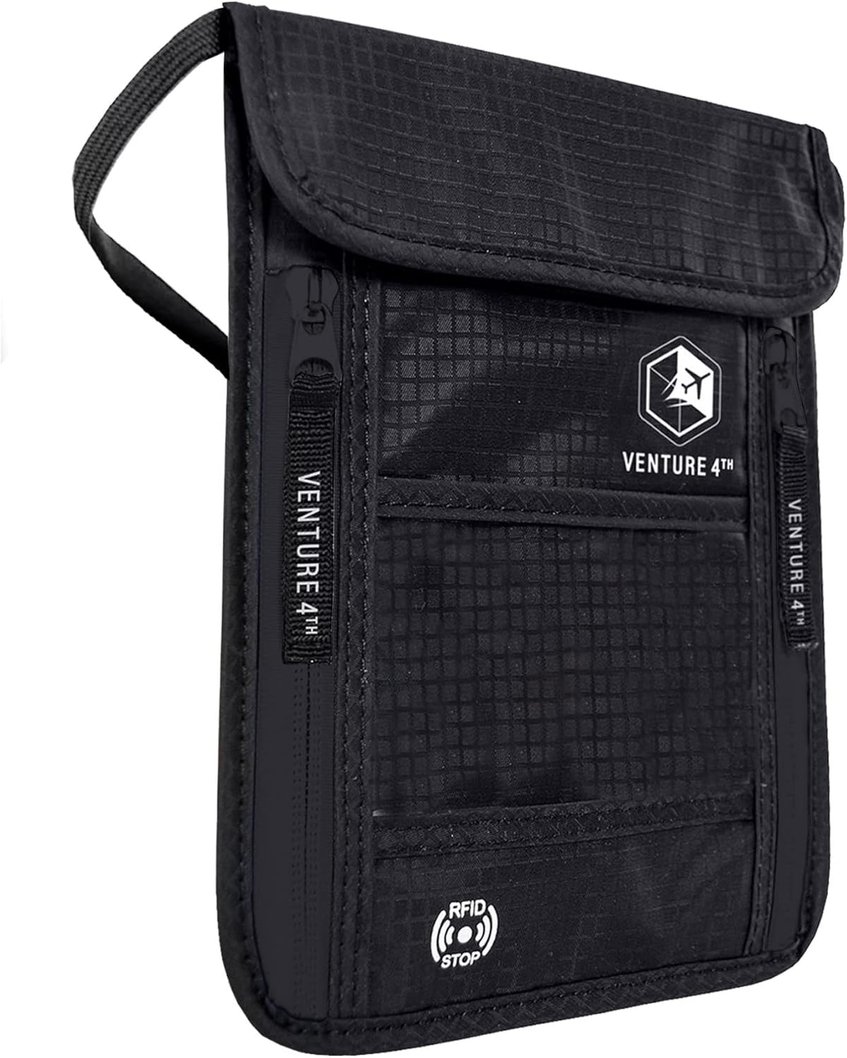 VENTURE 4TH Passport Holder Neck Wallet with RFID Blocking Nylon Lining - Hidden Neck Pouch for Travel (Pure Black)