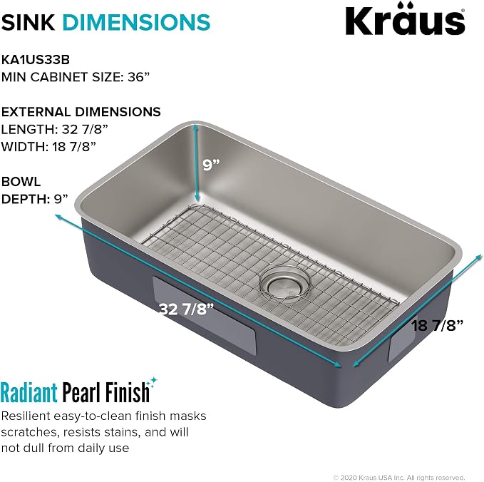 KRAUS Dex 33-inch Undermount 16 Gauge Stainless Steel Single Bowl Kitchen Sink