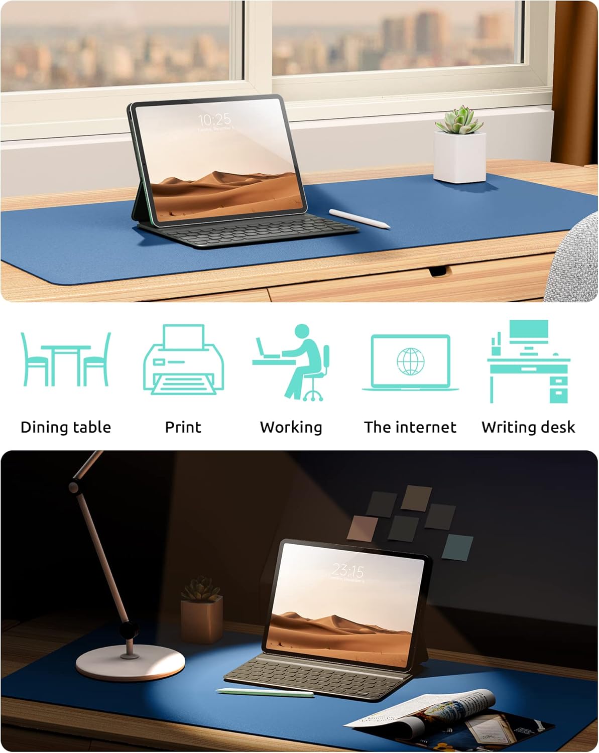 YSAGi Leather Desk Protector, Office Mat, Large Mouse Mat, Non-Slip PU Leather Blotter, Laptop Desk Pad, Waterproof Writing Pad for Office and Home (Sea Blue, 23.6" x 13.8")