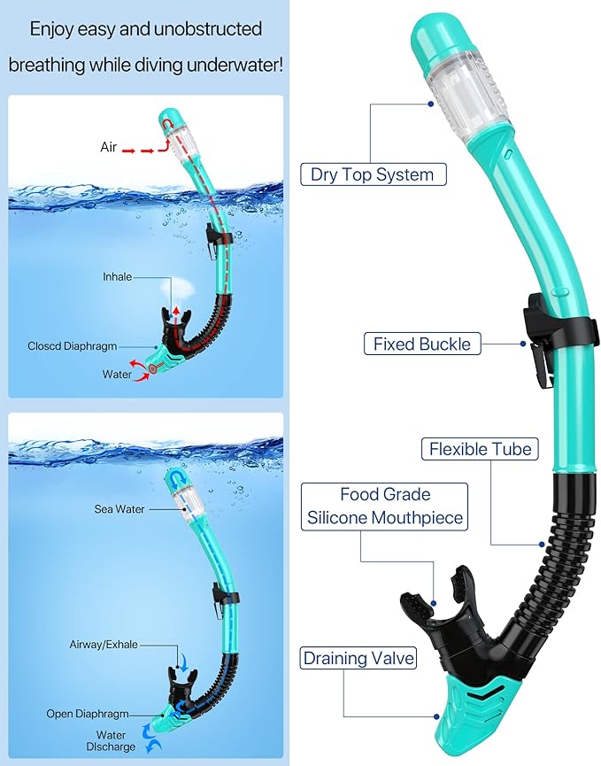 Ubekezele Snorkeling Gear for Adults Men Women,4 in 1 Snorkel Set with Panoramic View Diving Mask Anti-Fog Anti-Leak,Dry Top Snorkel,Fins and Travel Bag for Swimming,Snorkeling and Travel Diving