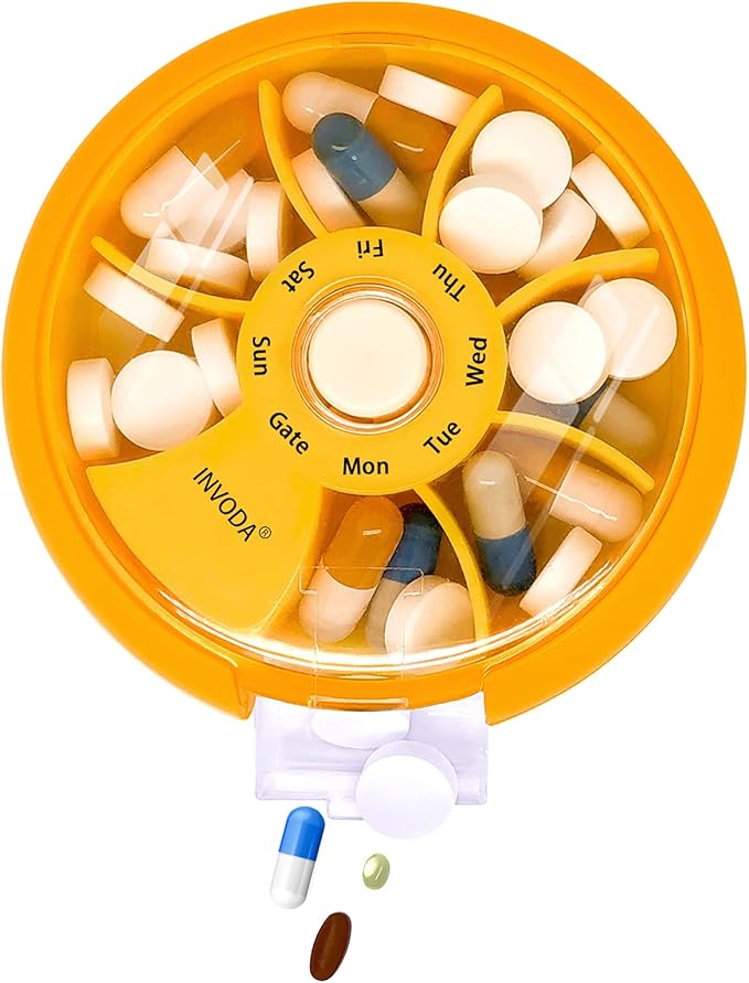 INVODA Weekly Pill Organizer 7 Compartment Rotating Pill Box