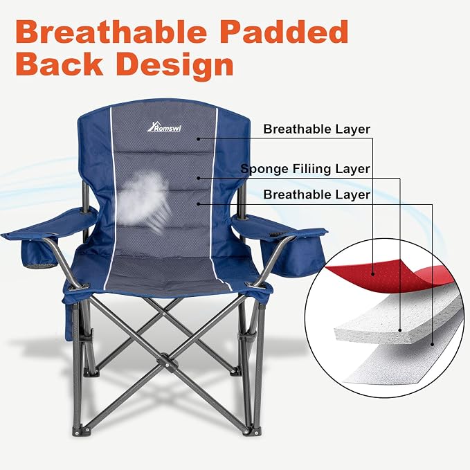 Romswi Oversized Camping Chairs, Heavy Duty Support 500 LBS, Padded Back & Arm