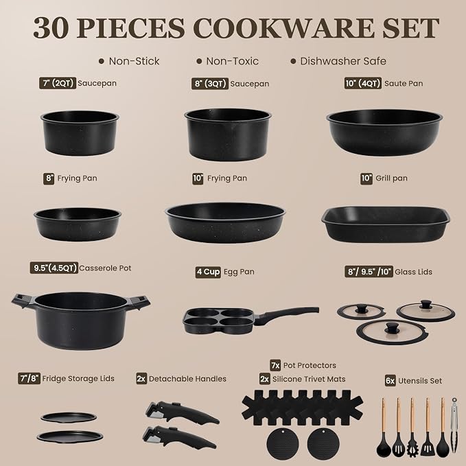 KIKCOIN Pots and Pans Set, 30 Pack Nonstick Cookware Set Detachable Handle
