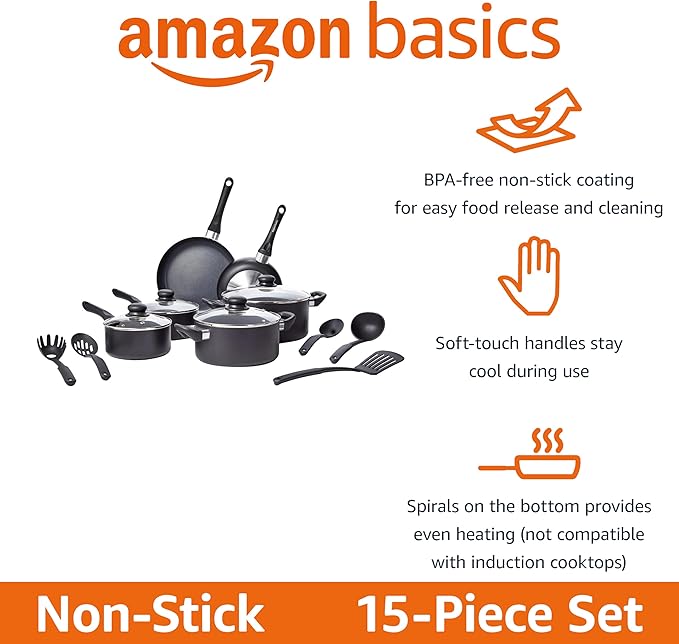 Amazon Basics Non Stick Kitchen Cookware 15-Piece Set, Non-Induction, Includes