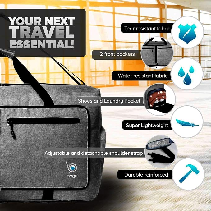 Bago Foldable Duffel Bags for Traveling Women & Men - 60L Medium Packable