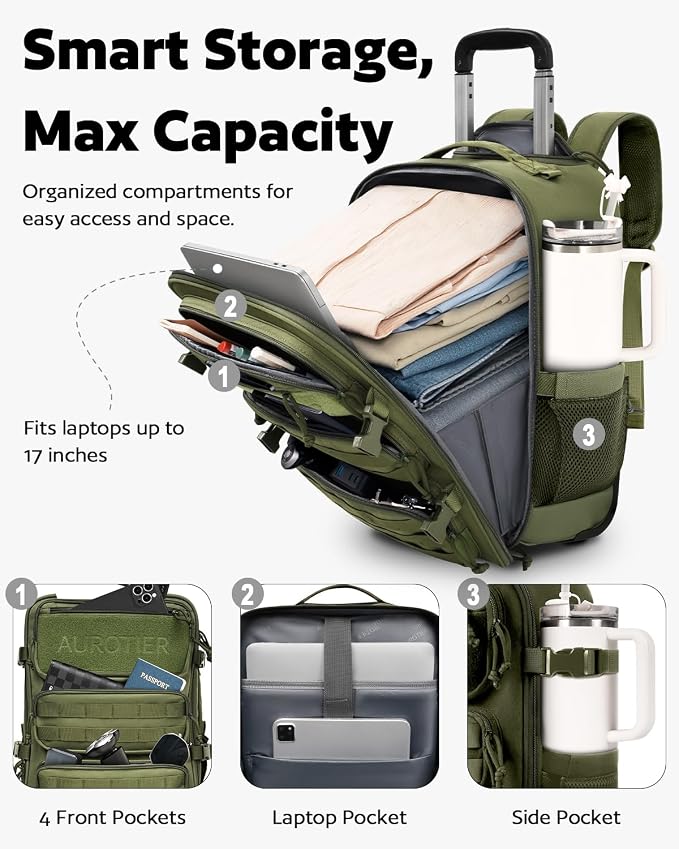 Rolling Tactical Laptop Backpack, Underseat Travel Backpack