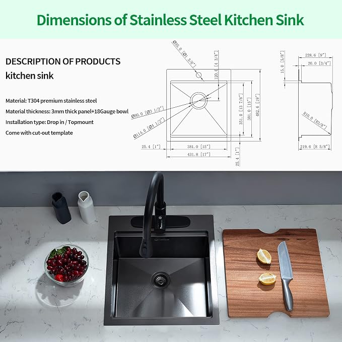 Kitchen Sink, 17 x 19 Inch Drop in Bar Sink Gunmetal Black Stainless Steel