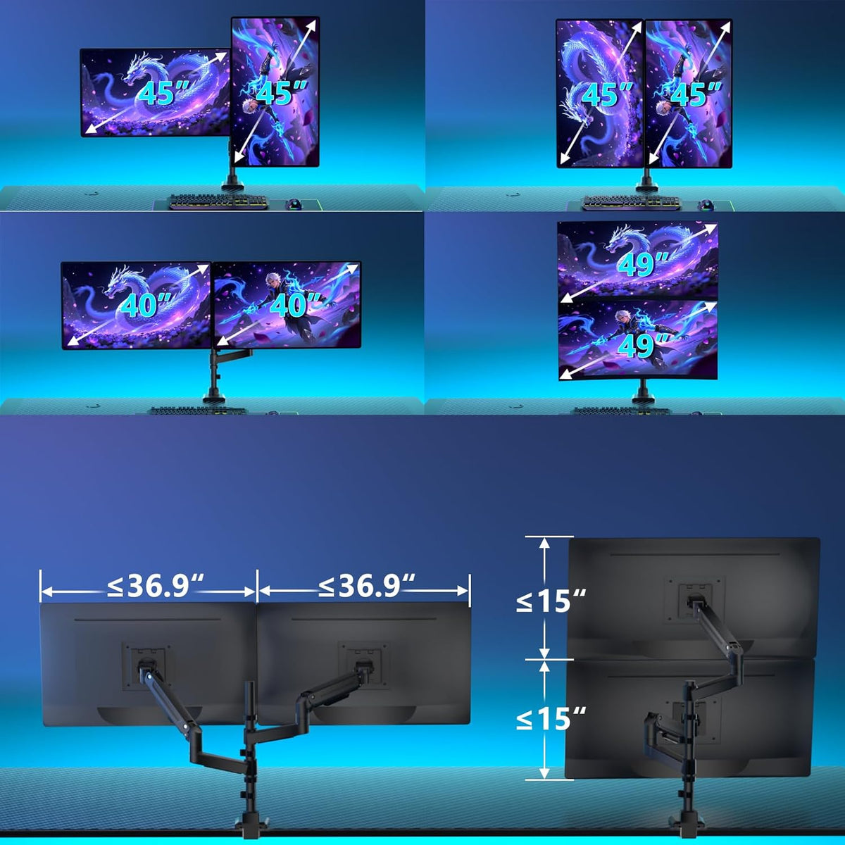 WALI Dual Monitor Mount for Ultrawide Heavy Duty Curved Monitor Stacking, Dual Monitor Arm Fits 17-49 Inch for Ultrawide Screens up to 44lbs, 49 inch Monitor Arm, Black