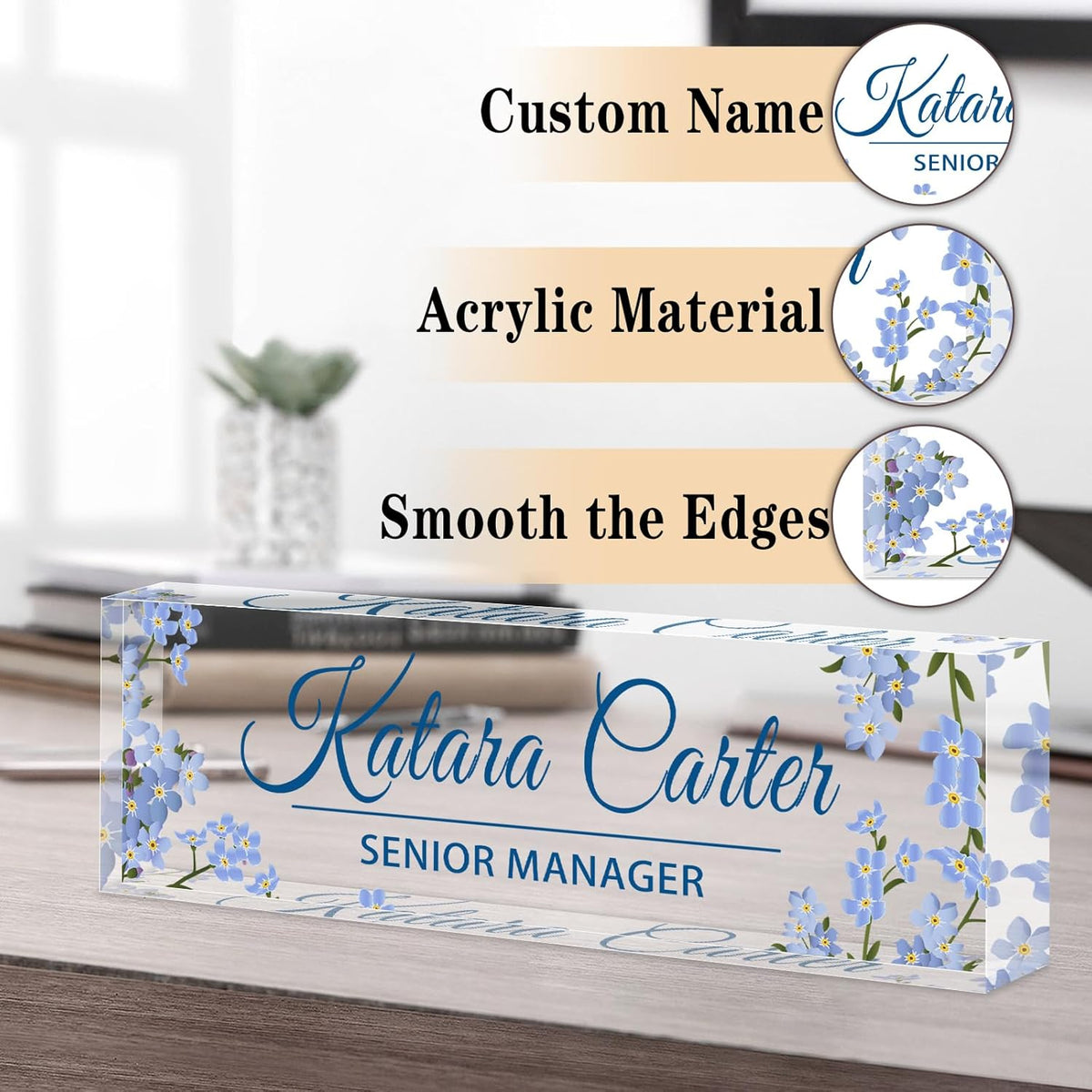 Name Plate for Desk Personalized, Acrylic Desk Decorations, Employee Appreciation Gifts, Custom Office Gifts for Coworkers, Boss, Teacher, Nurse (Blue Bouquet)