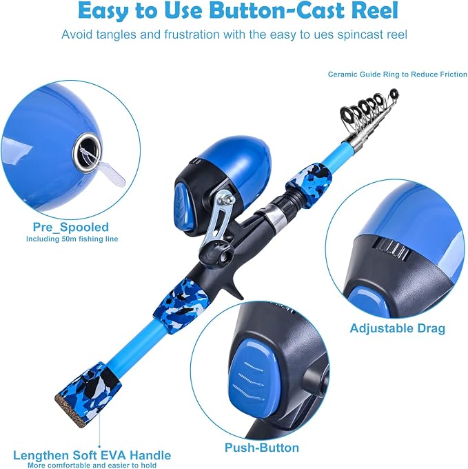 LEOFISHING 170cm/5.6ft Kids Fishing Rod Set Portable Telescopic Kids Fishing