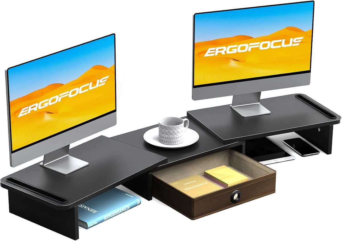 Dual Monitor Stand Riser with Drawer-Adjustable Length and Angle, Monitor Stand Riser for 2 Monitors, Desktop Organizer Stand for Computer/Laptop/PC/Printer (Black)
