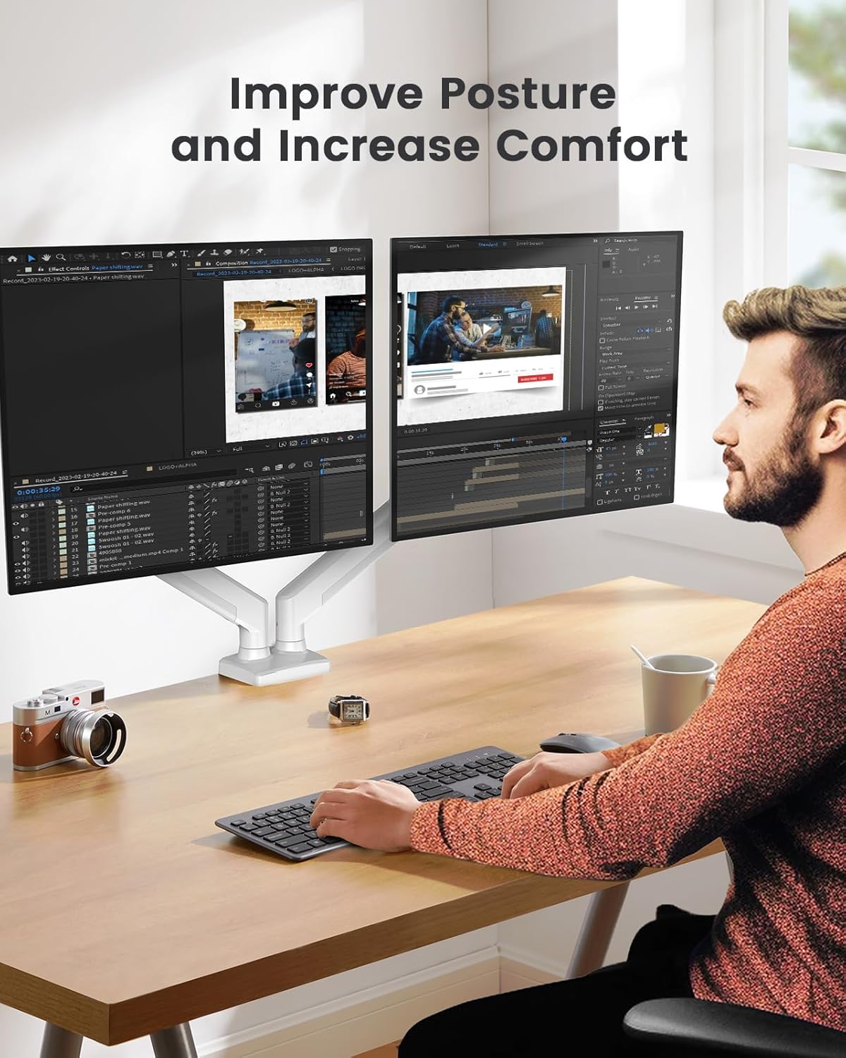 ErGear Dual Monitor Stand up to 32 inches Screen, Load-Bearing Max 22 lbs Each Arm, Adjustable Dual Monitor Mount, Sturdy Steel vesa Monitor Mount with Stable VESA 75x75 100x100mm-White