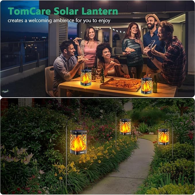 TomCare Solar Lanterns Outdoor Upgraded Flickering Flame Waterproof Hanging