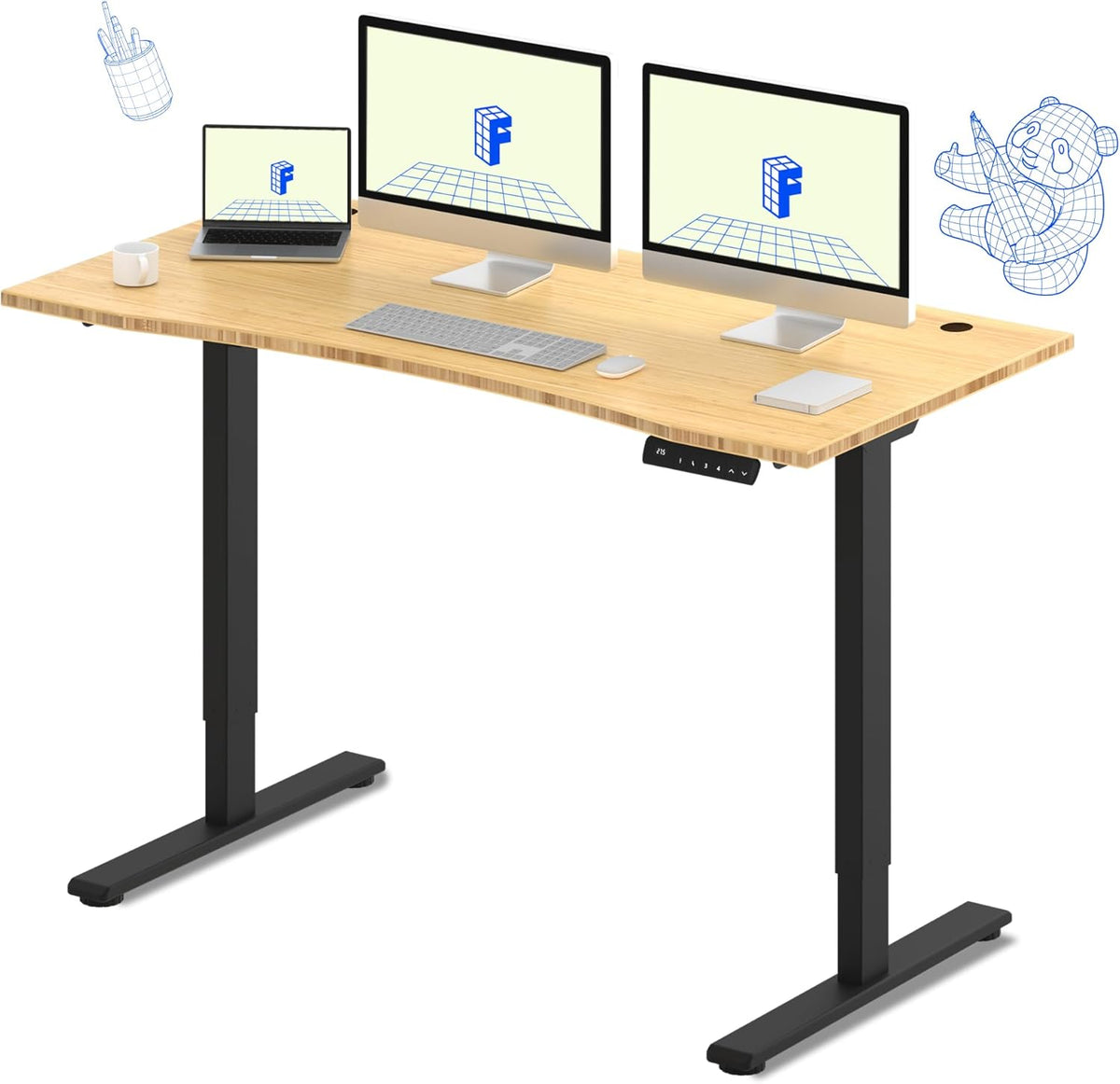 FLEXISPOT E3 Bamboo Dual Motor 60x30 Inch Electric Height Adjustable Standing Desk Whole-Piece Board Sit Stand Up Desk (Black Frame + Bamboo Curved Desktop)