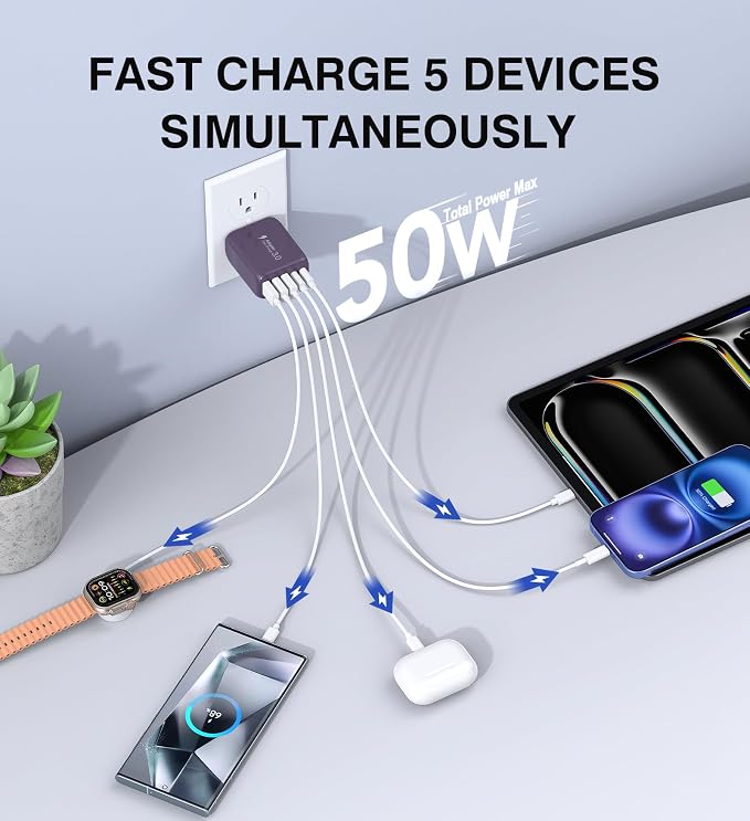 50W 2-Pack USB C Wall Charger Block, 5-Port C Charger Fast Charging Block PD