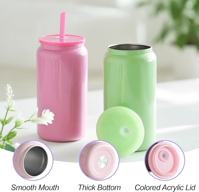 6 Pack Glass Cups with Lids and Straws Unbreakable 16 oz Stainless Steel Can Cup Double Wall Insulated Beer Can Tumbler for Iced Coffee, Juice, Soda, Iridescent-Colored