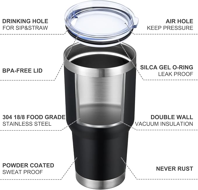 MEWAY 30oz Insulated Tumbler With Lids and Straws,Stainless Steel Double Vacuum Coffee Tumbler Cup, Brush, Durable Powder Coated Coffee Cup for Cold & Hot Drinks, Office, Travel(Black,12 PACK)