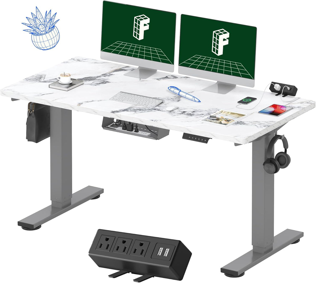 FLEXISPOT EN2 Whole-Piece Standing Desk with Clamp Power Strip, 55 x 28 Electric Stand Up Height Adjustable Desk with Cable Management (Gray Frame + 55" Marble Grey Top, 2 Packages)
