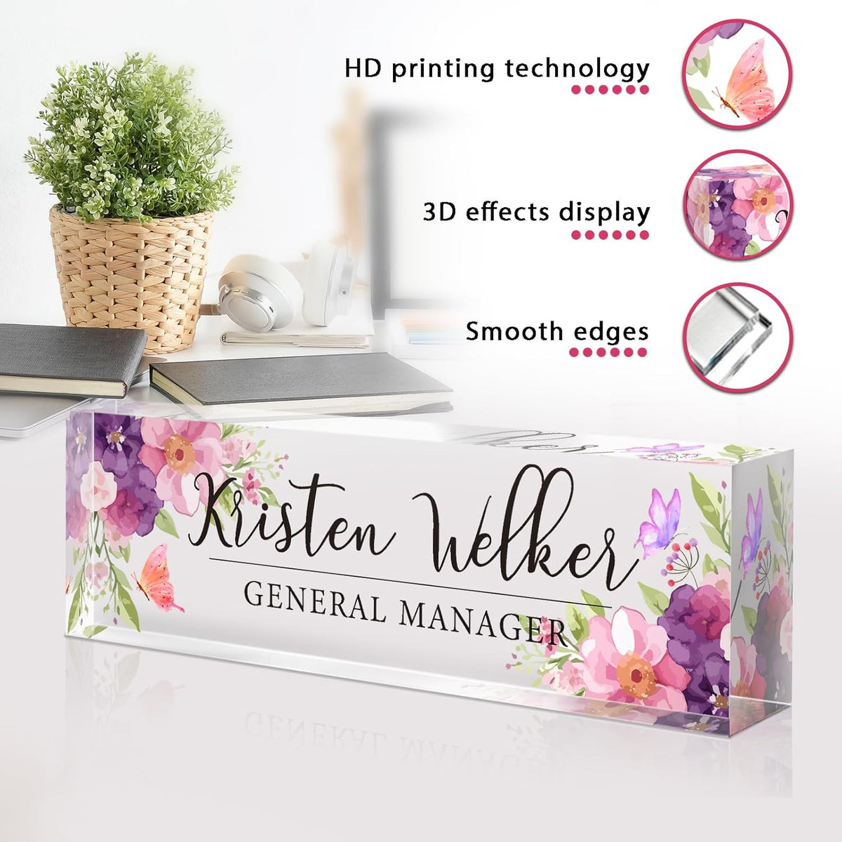 Personalized Name Plate for Desk - Custom Engraved Name Plates for Man - Boss Day Gifts for Boss - Acrylic Office Decor Appreciation Gifts for Teacher Nurse Coworker Social Worker (Bouquet)