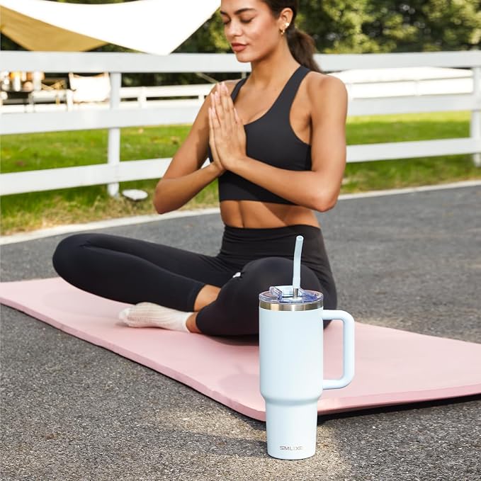 40 oz Tumbler with Handle and Straw Lid,Insulated Reusable Stainless Steel Water Bottle Travel Mug，Cupholder Friendly Double Wall Vacuum Sealed Cup (Sky Blue)