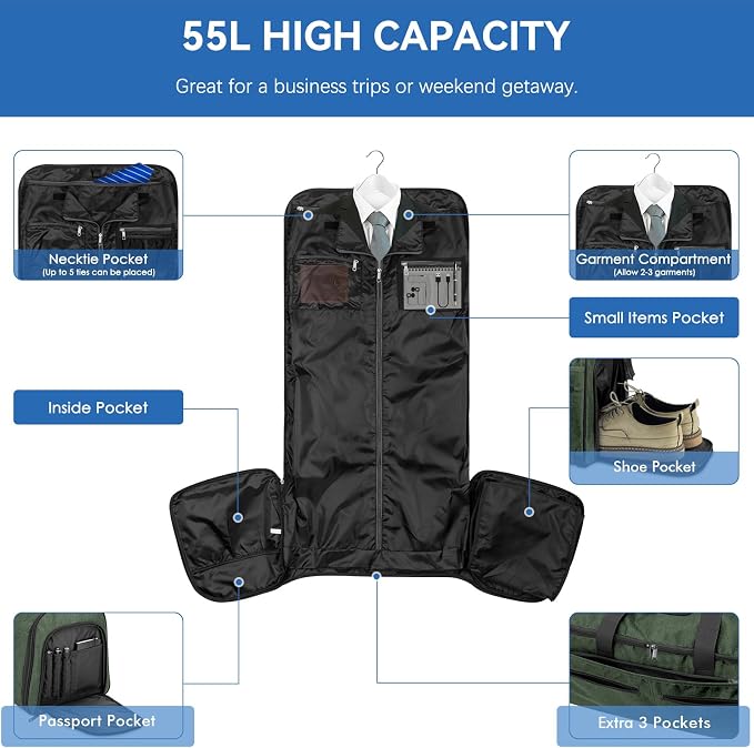 Bukere Garment Bags for Travel, Large Convertible Garment Duffel Bag for Men