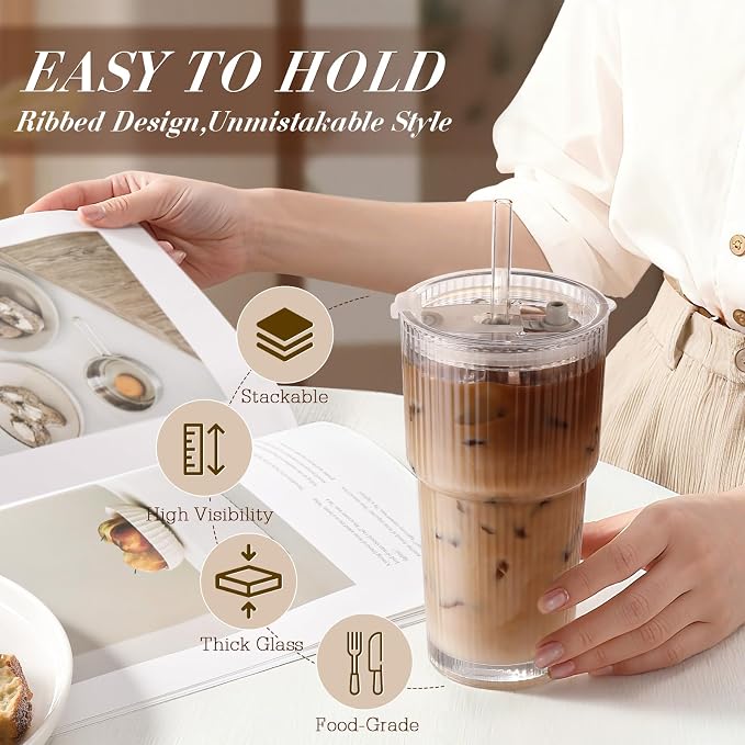 Iced Coffee Cups with Lids: Coffee Bar Accessories - Ribbed Glass Tumbler with Straw and Lid 4Pcs - 20oz Leak Proof Tumbler - Reusable Glass Cups and Tumblers with Lid and Straws for To Go Iced Coffee