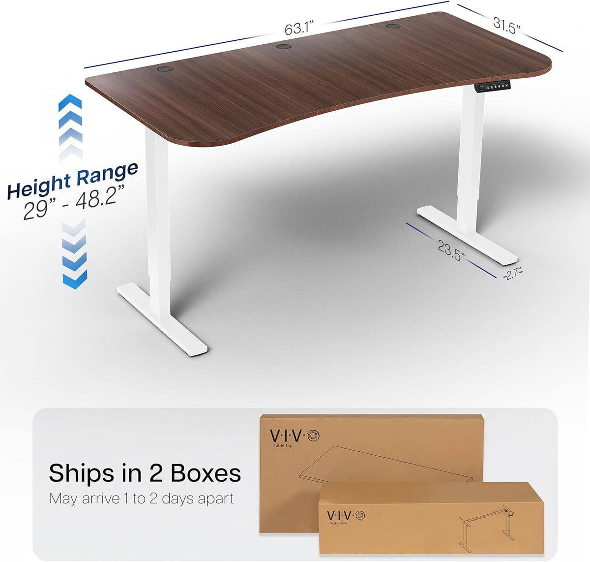VIVO Electric 63 x 32 in Standing Desk, Memory Height Adjustment, 1B Series, Dark Walnut Top White Frame, DESK-KIT-1W1D