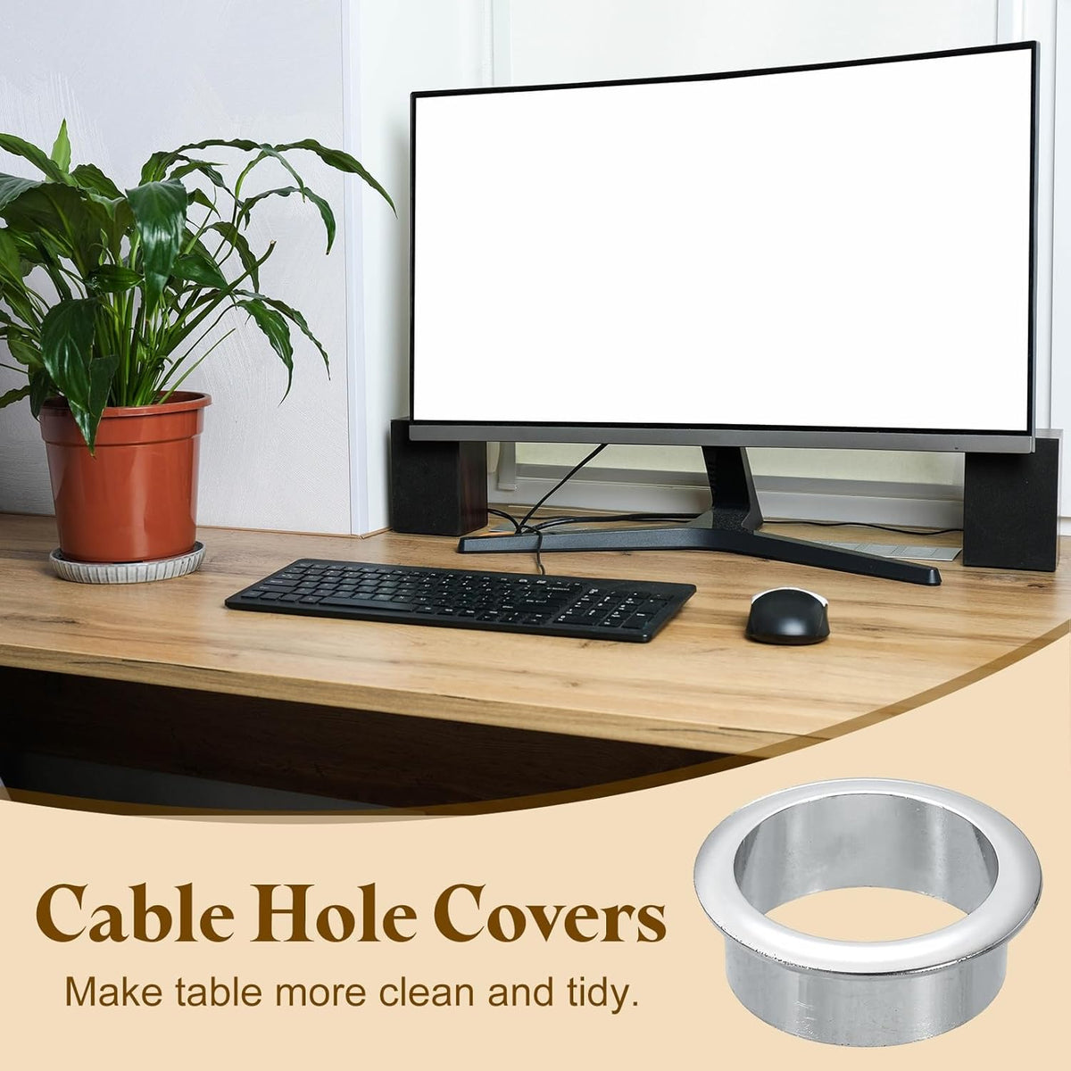uxcell Desk Grommet, 1-3/8" (35mm) Zinc Alloy Cable Hole Cover Wire Cord Organizer with Marked Cable Ties for Home Office Desktop Wire, Silver Tone