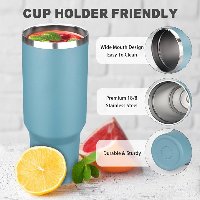 40 oz Tumbler with Lids and Straws, Stainless Steel Insulated Coffee Tumbler, Double Wall Vacuum Insulated Travel Mug Cup, Leakproof Thermal Coffee Cup for Hot and Cold Drinks (azure blue)