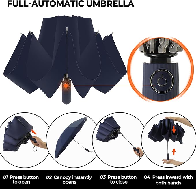 Compact Inverted Travel Umbrella, Automatic Open Close, 9-Rib 46 Inch Windproof