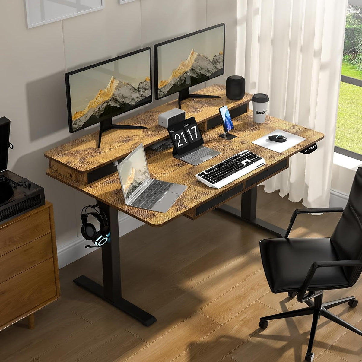 Electric Standing Desk, 63 * 30 Inches Adjustable Height with 4 Drawers, Double Storage Shelves Stand Up Desk, Home Office Workstation Sit Stand up Desk (Rustic Brown)