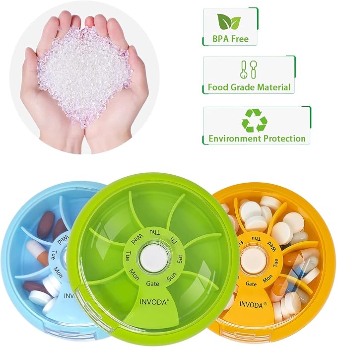INVODA Weekly Pill Organizer 7 Compartment Rotating Pill Box