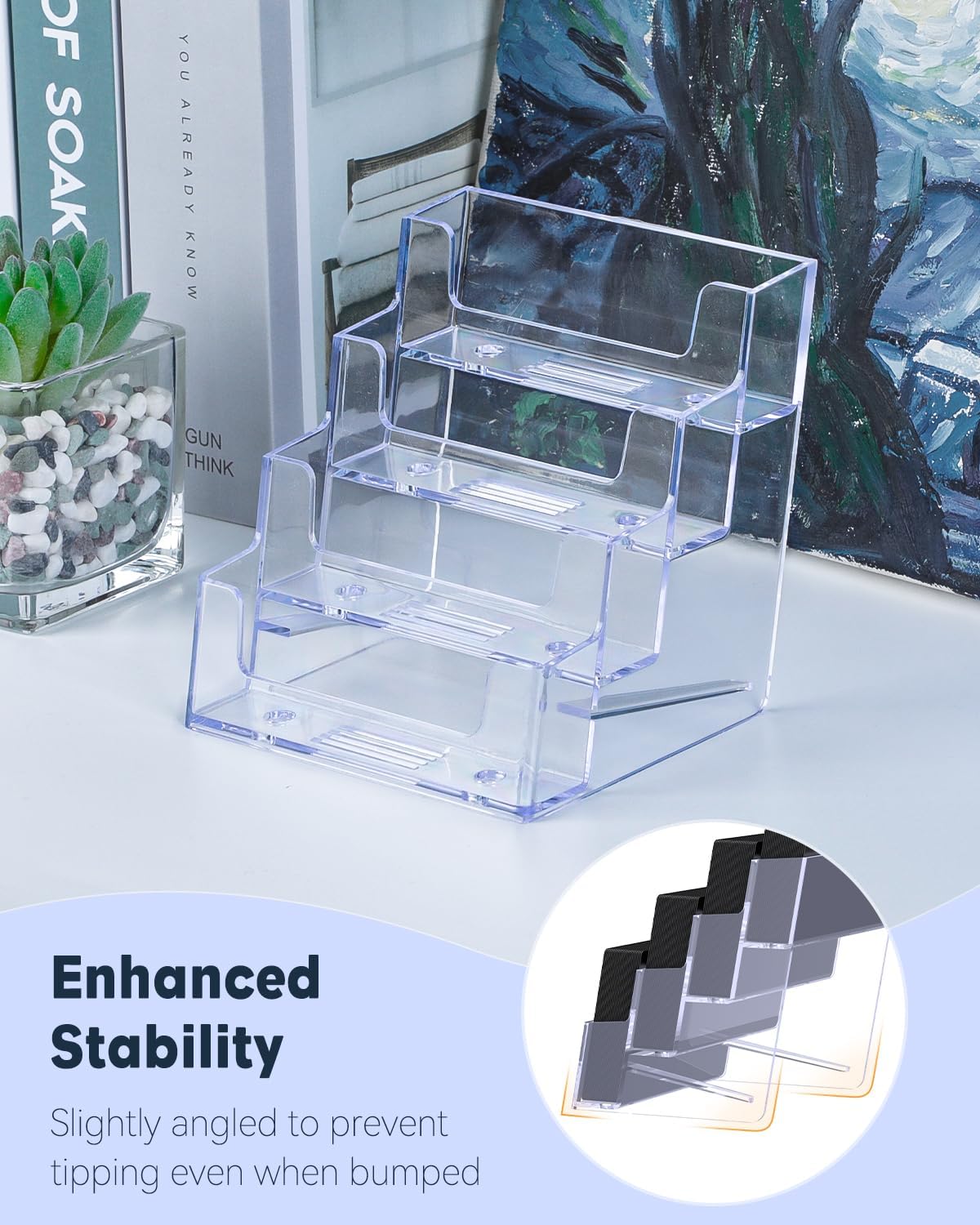 Uniclife 4 Pack Acrylic Business Card Holder for Desk 4 Slots Clear Business Card Display Stand for Men & Women Desktop Business Card Organizer Card Stand for Office Home Exhibition, 240 Card Capacity