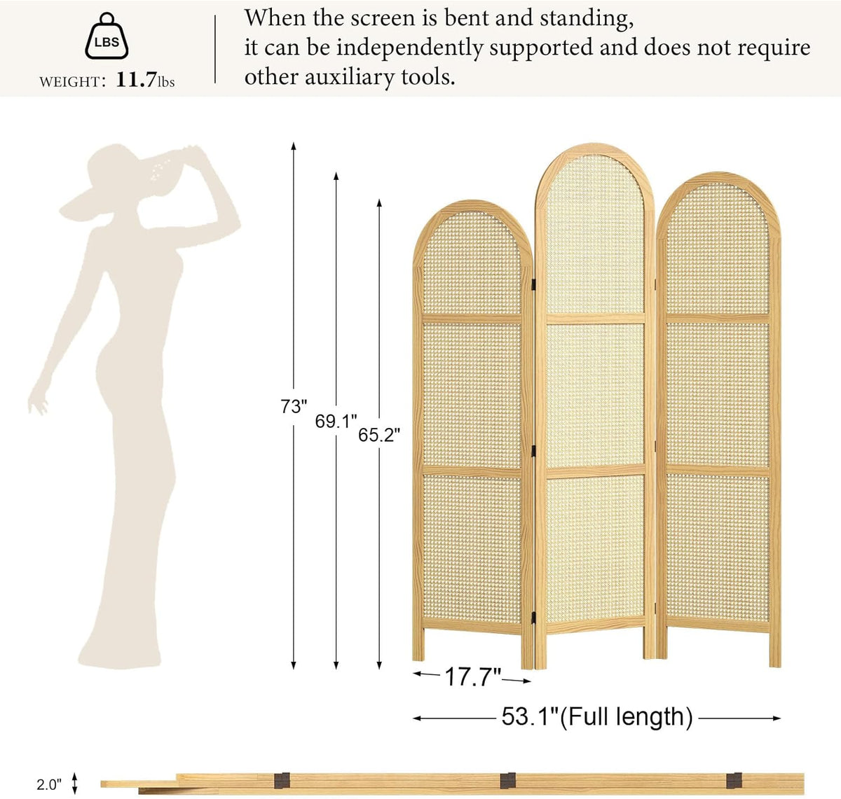 3-Panel Hand-Woven Rattan Room Divider, Tall Foldable Privacy Screen with Wooden Frame - Freestanding Portable Partition for Home Office, Bedroom, Bathroom(Natural-Wave)