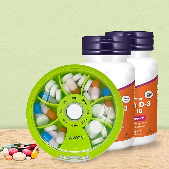 INVODA Weekly Pill Organizer 7 Compartment Rotating Pill Box