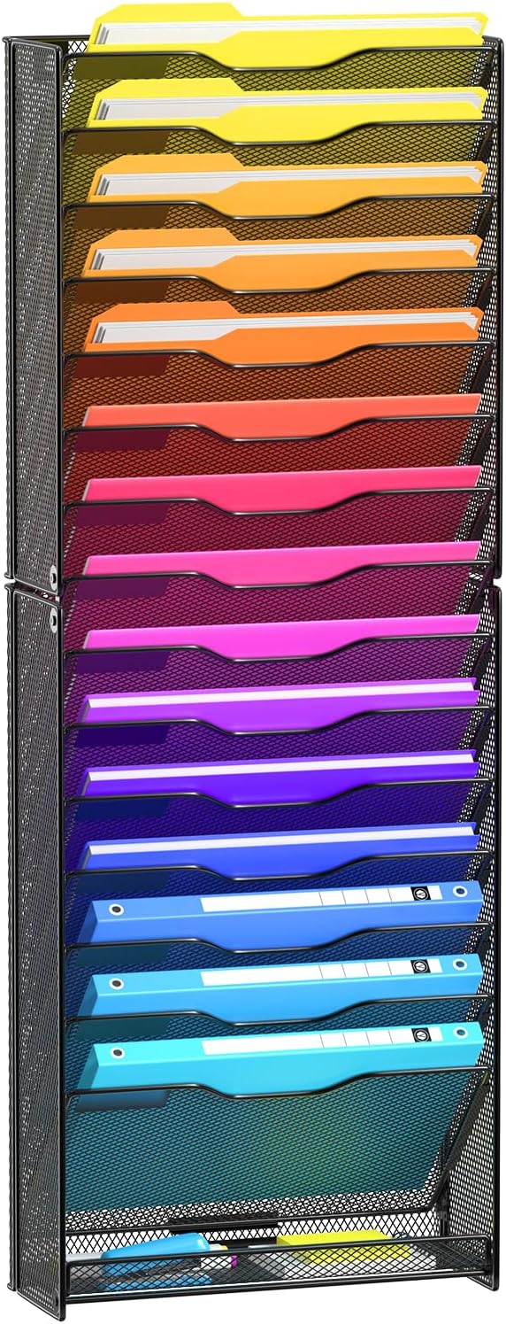 Wall File Organizer, 16-Tier Mesh File Holder, Vertical Document Rack For Home, School, and Office Use (Black)