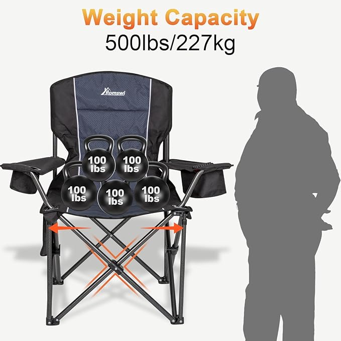 Romswi Oversized Camping Chairs, Heavy Duty Support 500 LBS, Padded Back & Arm