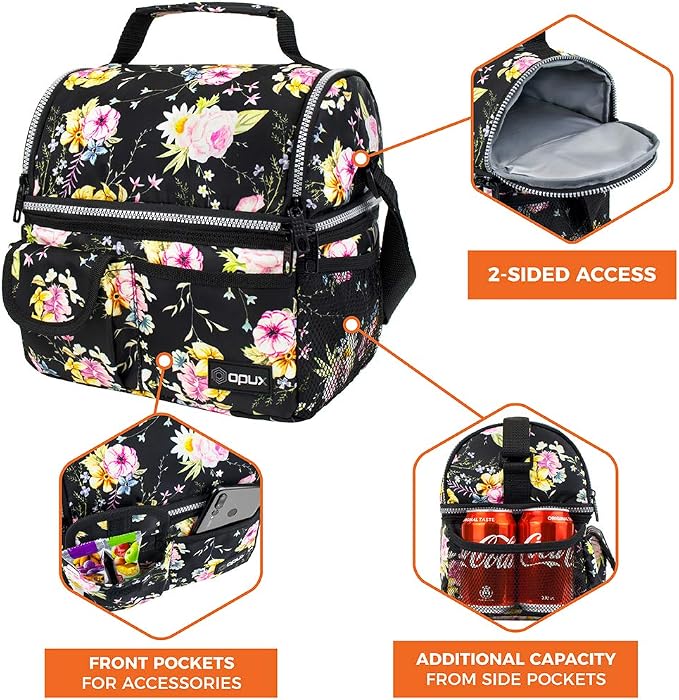 opux Lunch Bag Women Insulated, Adult Lunch Box Cooler, Flower Lunch Box