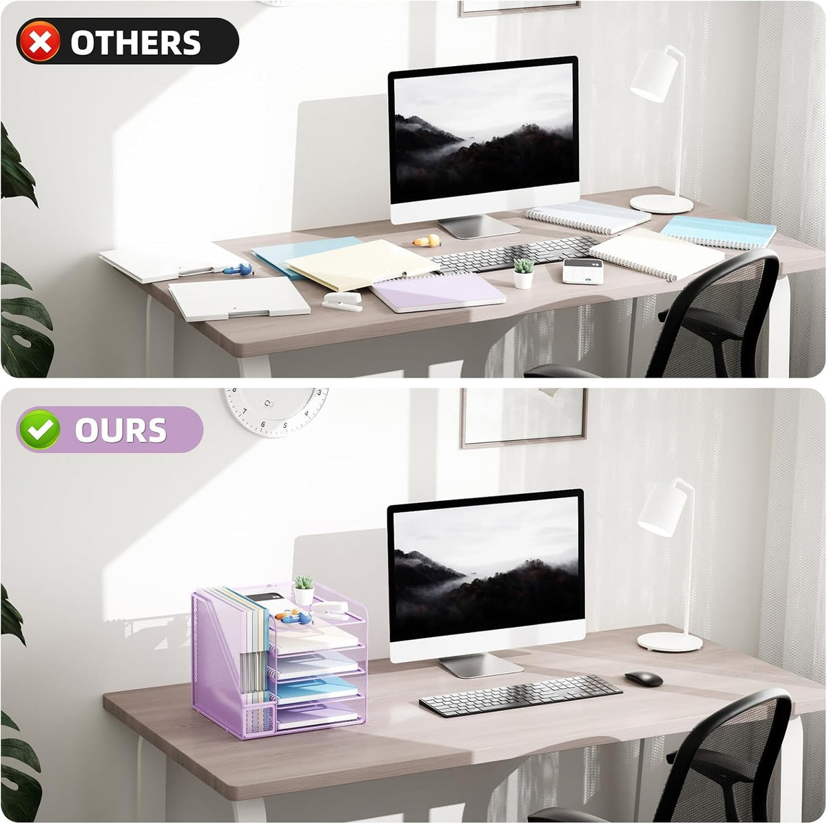Marbrasse Desk Organizers and Accessories, 5-Tier Paper Letter Tray Organizer with File Holder, Mesh File Organizer, Office Desk Accessories & Organization for Supplies (Purple)