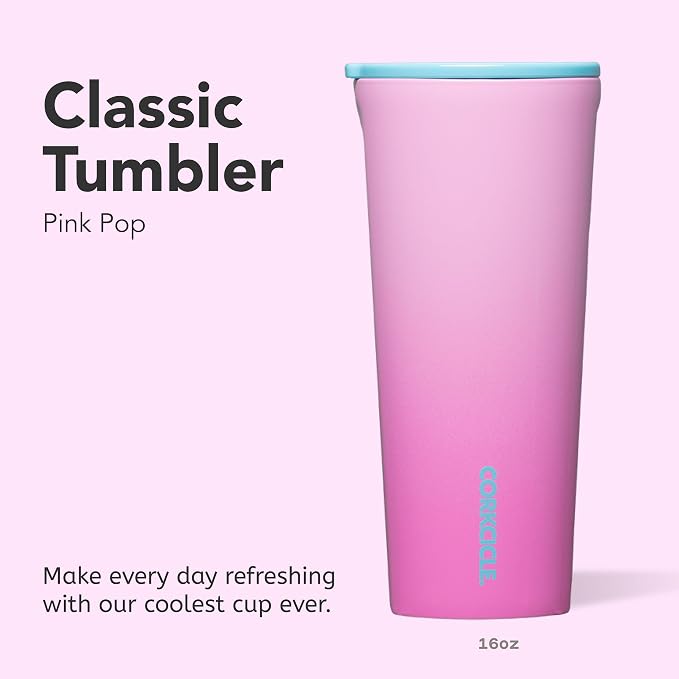 Corkcicle Classic Tumbler - Keeps Drinks Cold 9 Plus Hours - Triple Insulated Stainless Steel Drink Tumbler - Sliding Lid - Summer Drinkware Gift - Keeps Drinks Ice Cold - 24 oz - Pink Pop
