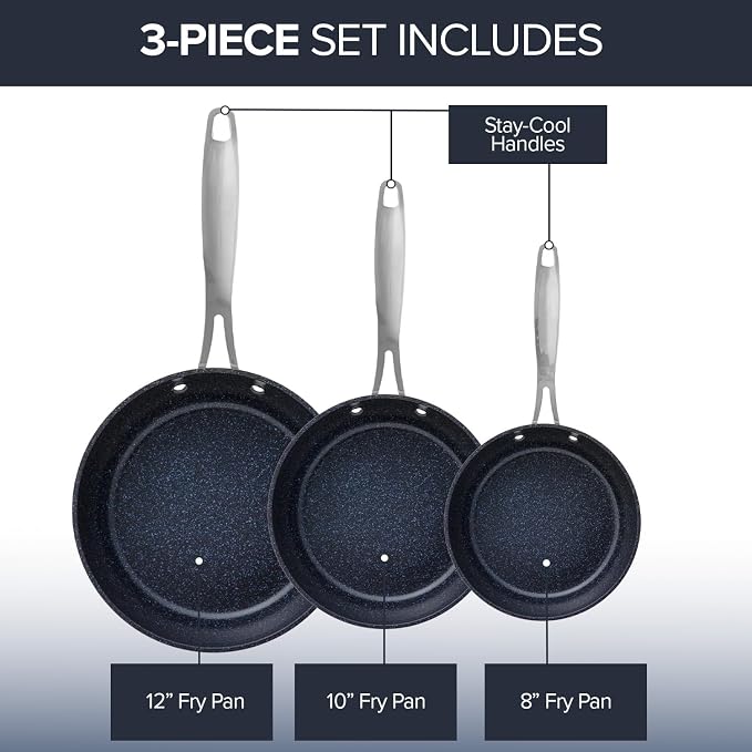 Nuwave 3-Piece Fry Pan Set, 12” Forged Lightweight, G10 Healthy Duralon Blue