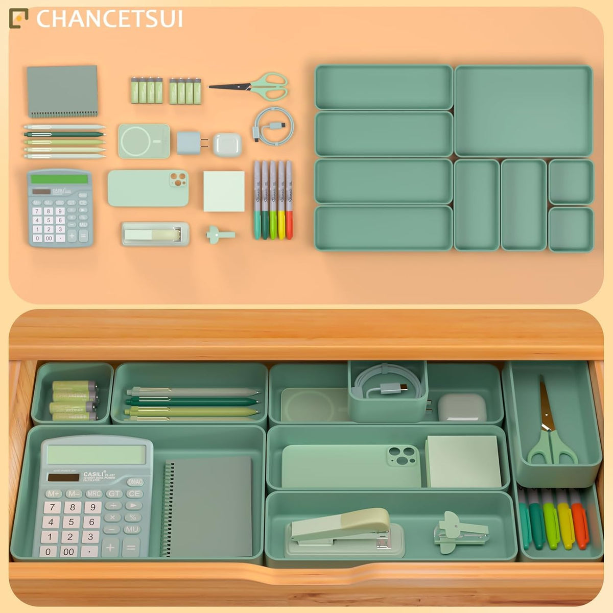 CHANCETSUI 9 Pcs Stackable Drawer Organizer Trays Set, Green, Multifunctional Storage for Vanity, Bathroom, Kitchen, Desk Drawer Organizer Office, PET Plastic