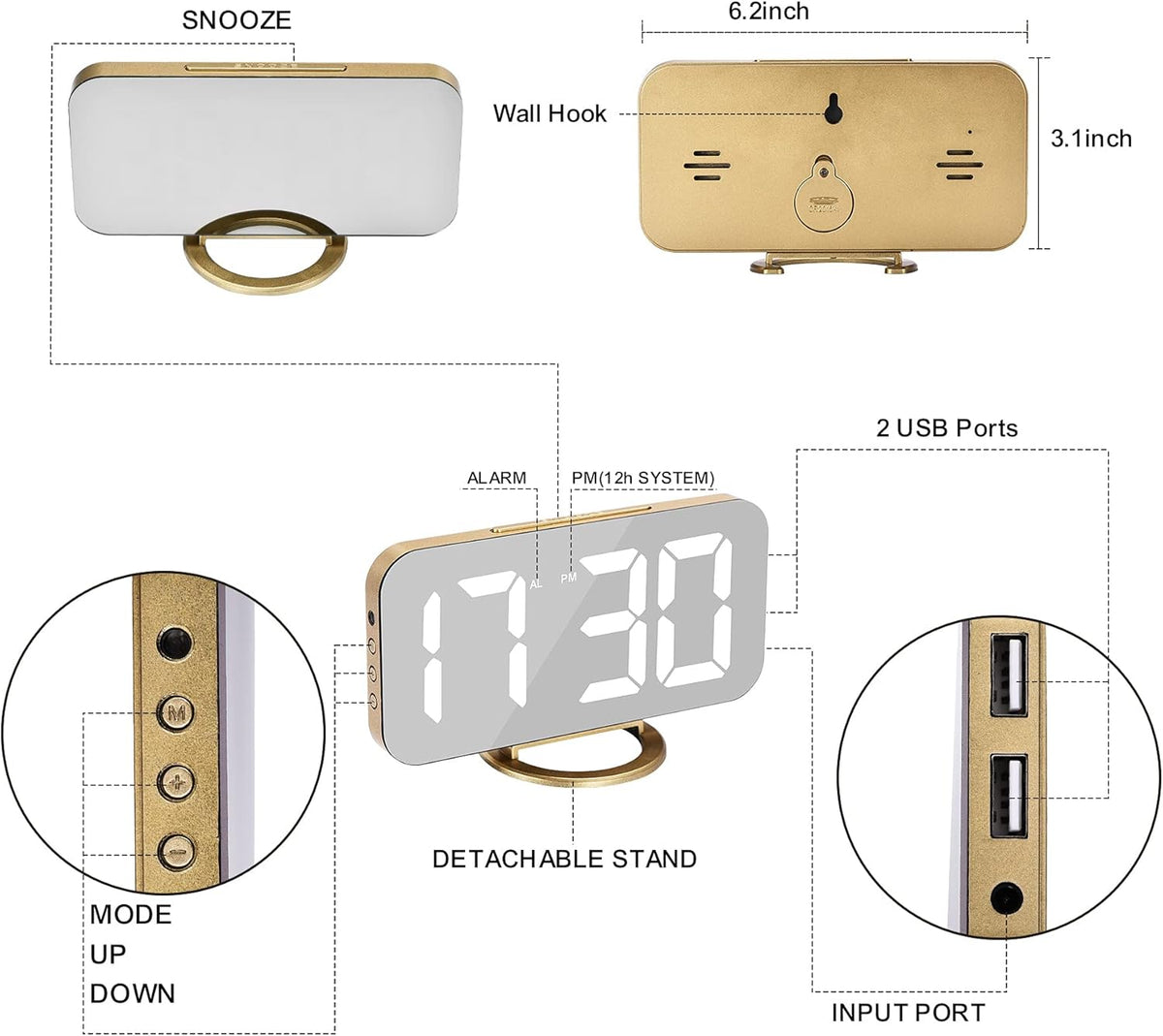 SZELAM Digital Alarm Clock,LED and Mirror Desk Clock Large Display,with Dual USB Charger Ports,3 Levels Brightness,12/24H,Modern Electronic Clock for Bedroom Home Living Room Office - Gold